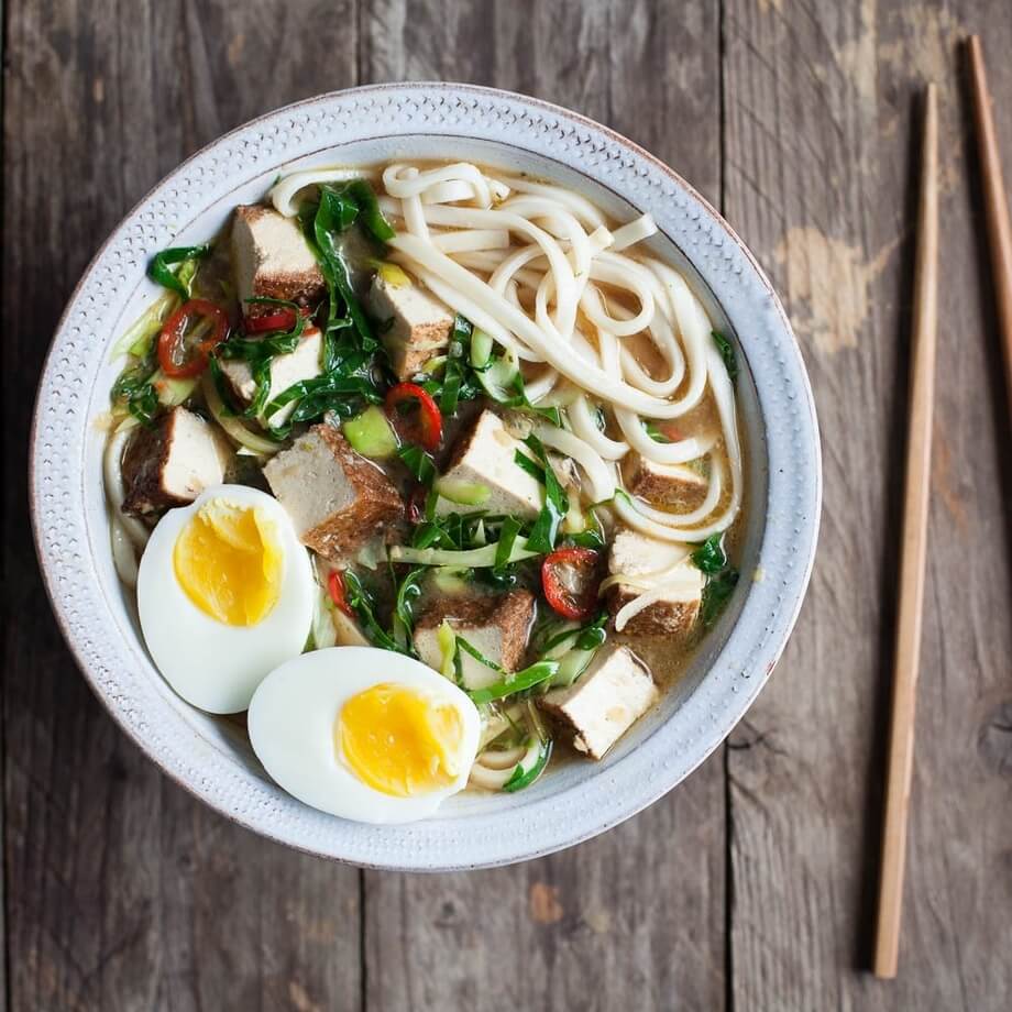 Broccoli, tofu and udon bowl with parsnip and peanuts / Riverford