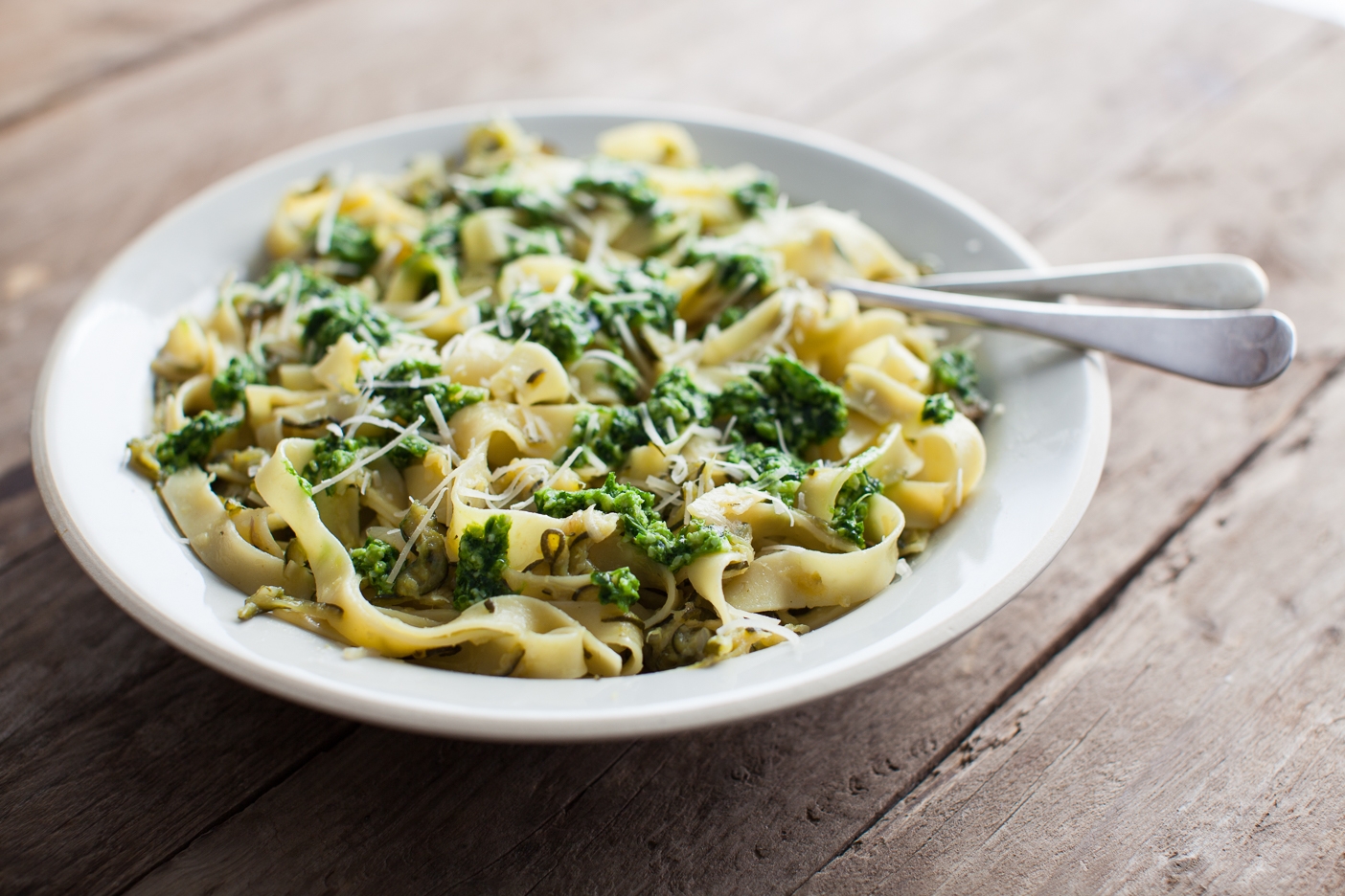 Wild garlic pesto pasta with slow cooked courgettes / Riverford